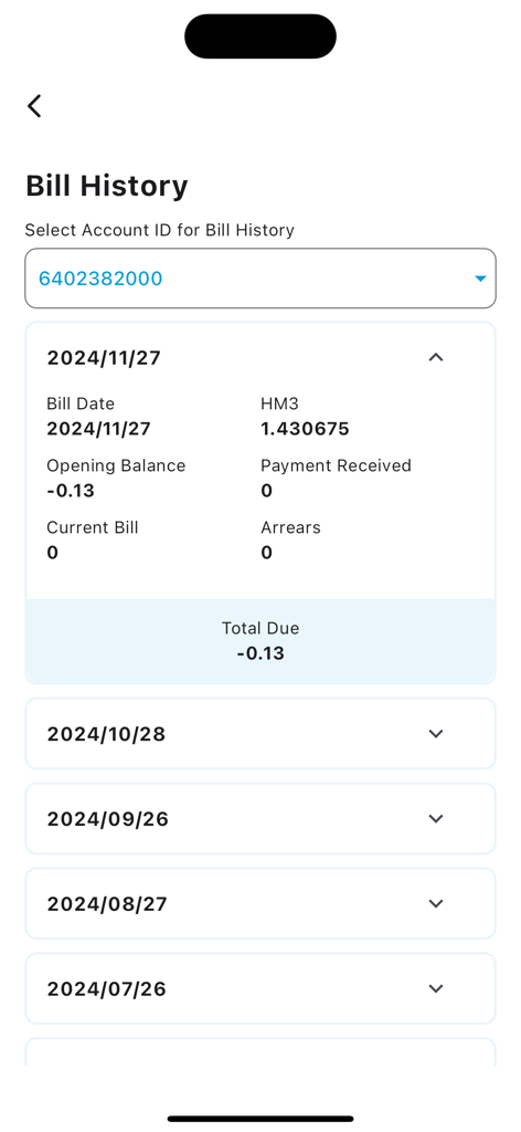 SNGPL ConnectOn - SNGPL ConnectOn app interface displaying detailed monthly gas bill history and consumption data.
