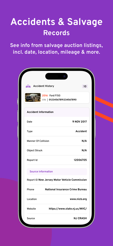 Bumper app interface showing accident history and salvage records for a Ford F150