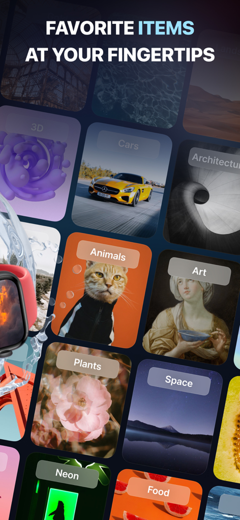 Spark: Pro Screensavers - A variety of aesthetic wallpaper categories including animals, space, and art in the Spark Pro Screensavers app.