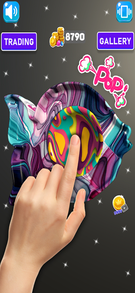 A hand pressing a colorful fish-shaped pop-it toy in the Fidget Trading 3D game interface