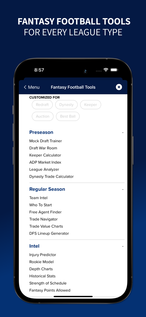 Draft Sharks Fantasy Football - Draft Sharks mobile app screen showing preseason and regular season fantasy football tools