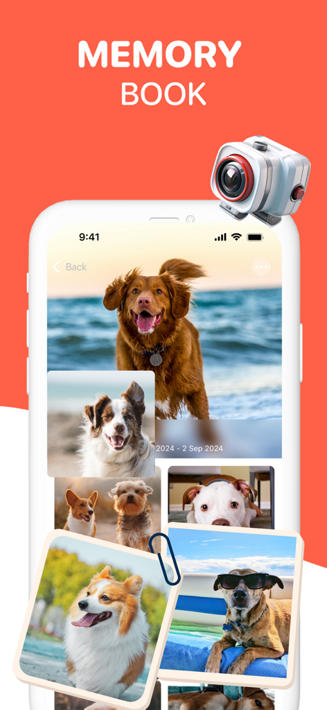 Dog Translator - Dog Talk - Oberfläche der Memory Book Funktion in der Dog Translator App, die eine Galerie von Haustierfotos zeigt