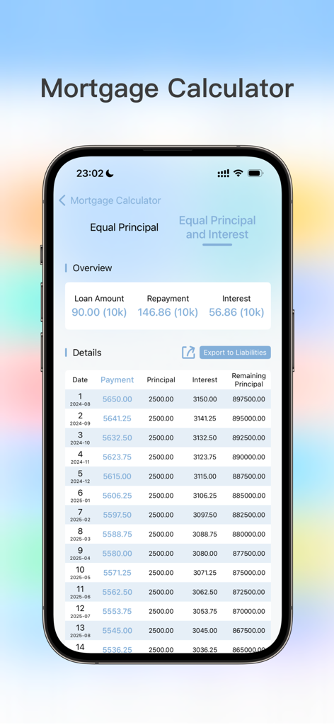 AssetMate: Asset & Installment - Cronograma detalhado de pagamento de hipoteca no aplicativo AssetMate mostrando pagamentos mensais e detalhamento do principal