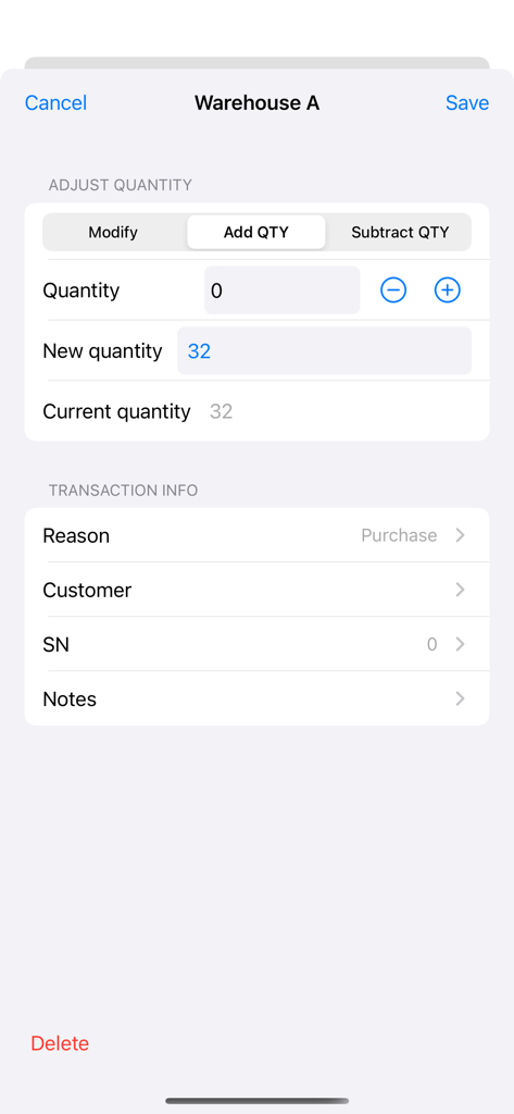 Power Inventory - Cloud WMS - Interface of the Power Inventory app showing stock quantity adjustment in Warehouse A including fields for quantity reason and serial number