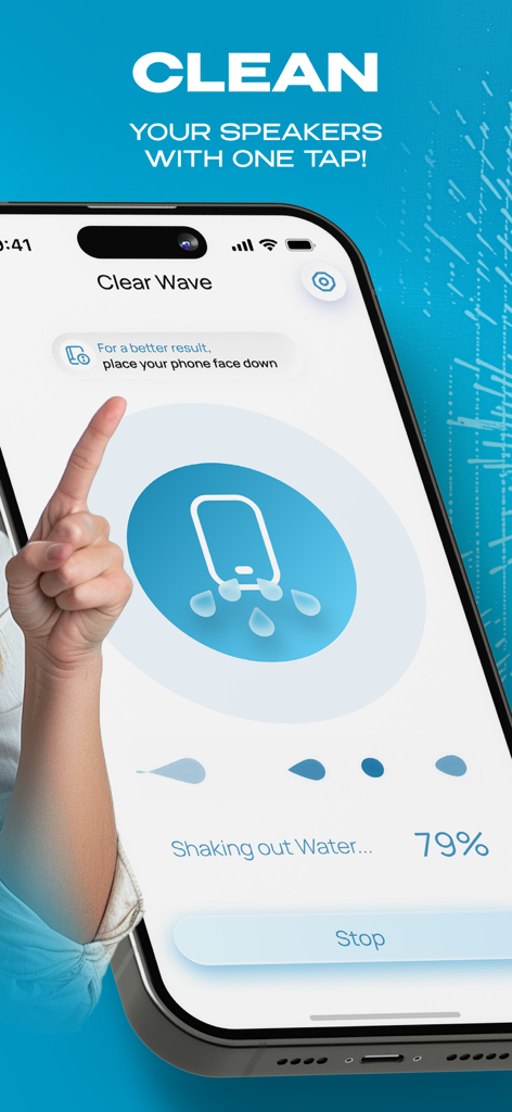 Clear Wave app interface on an iPhone showing the speaker water removal progress at seventy-nine percent