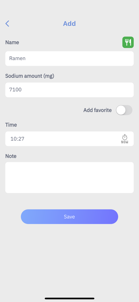 Interface for adding food name and sodium amount in milligrams.
