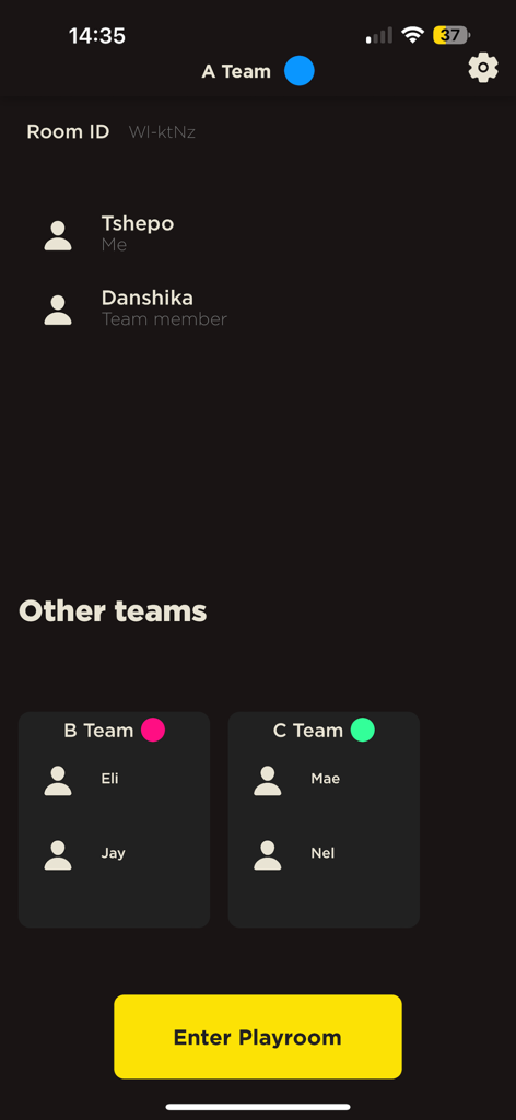Team selection screen in the SaidInSeconds app showing player names assigned to different colored teams with a yellow Enter Playroom button