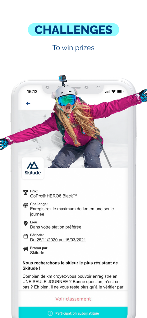 NPY app interface showing a skiing challenge with a GoPro prize
