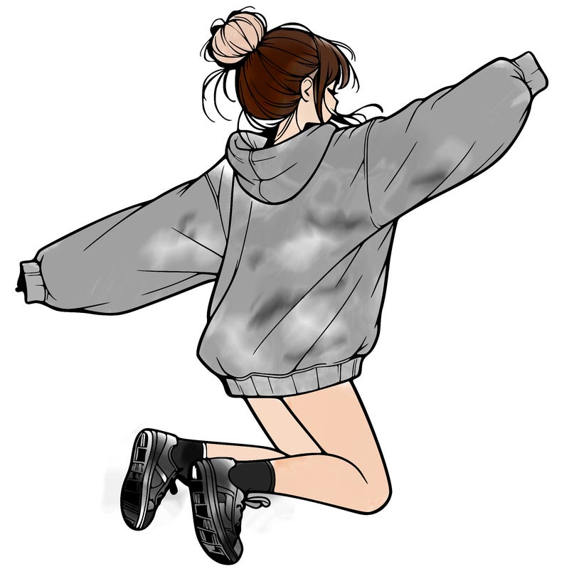 realistic girl jumping with a bun and oversized sweatshirt