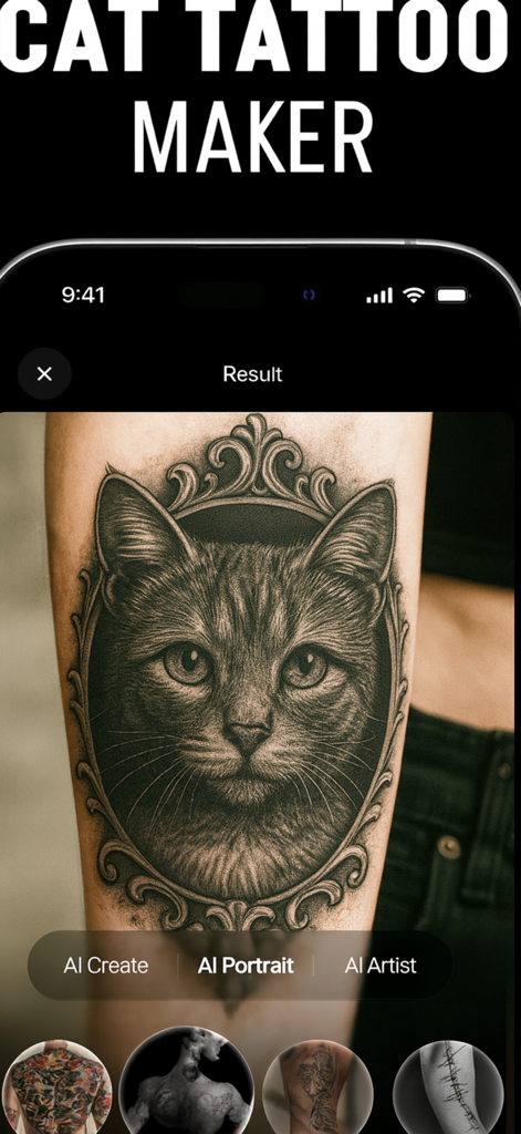 A detailed AI-generated cat portrait tattoo design on a person's arm inside an ornate frame