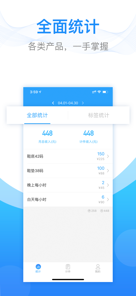 A mobile app screenshot showing monthly income statistics and categorized piecework records for blue-collar workers