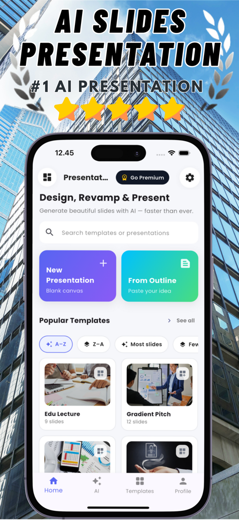 AI Slides : Presentation AI - AI Slides app interface showing options to create new presentations from outlines and browse professional slide templates