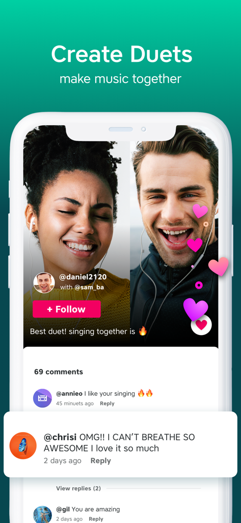 A split-screen screenshot of the Yokee Karaoke app showing a duet performance with social features like comments and likes.