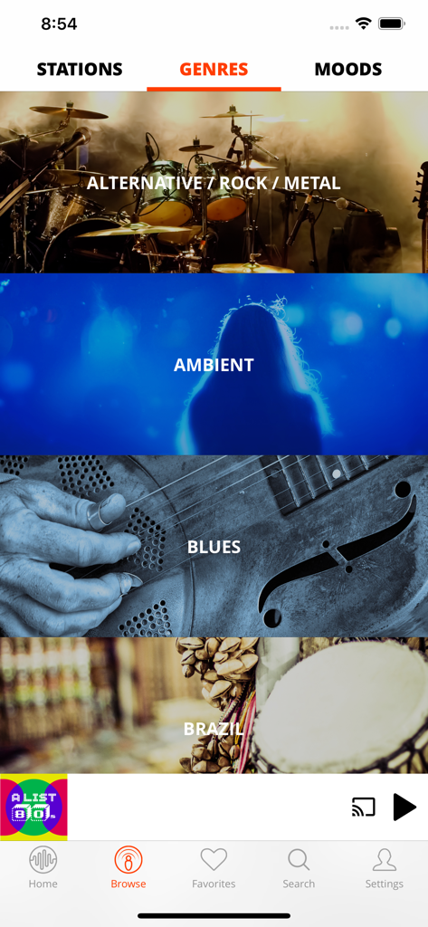 The genres selection screen in the 1.FM internet radio app showing music categories like rock ambient and blues