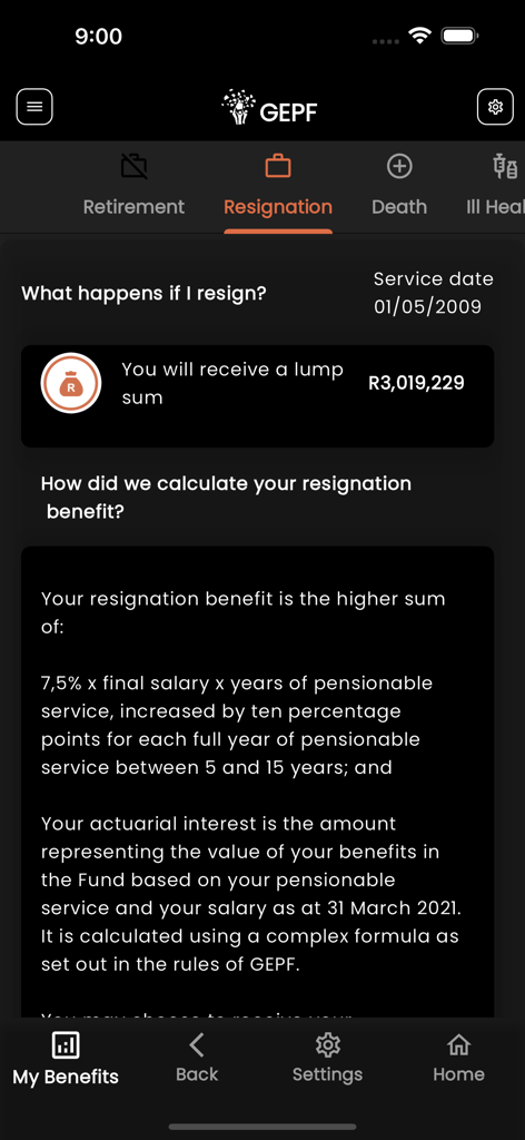GEPF Self Service - GEPF Self Service app screen showing resignation benefit calculation and estimated lump sum