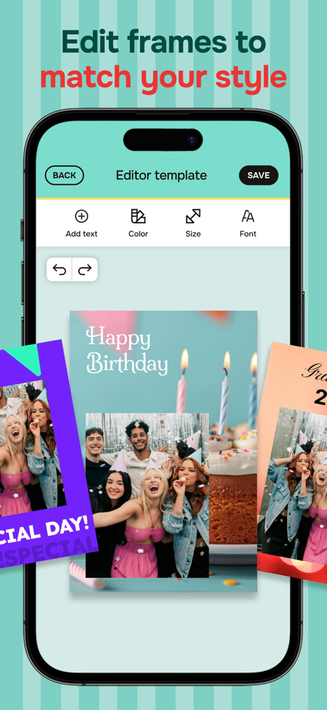 Pocketbooth Photo Booth - Una pantalla de smartphone que muestra el editor de la aplicación Pocketbooth donde un usuario puede personalizar una tira de fotos de feliz cumpleaños con texto y colores.