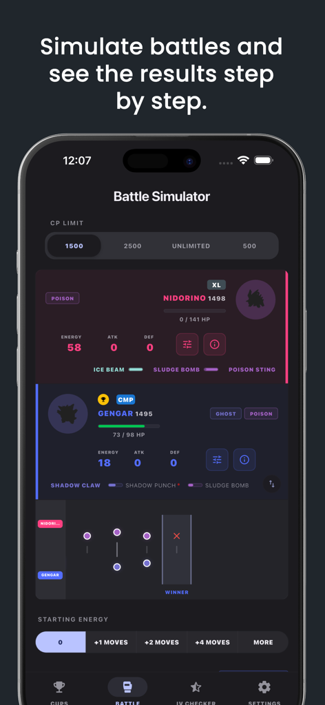 BattleFlow: PoGo PVP Companion - BattleFlow app showing a Pokémon GO PVP battle simulation between Nidorino and Gengar with detailed move stats