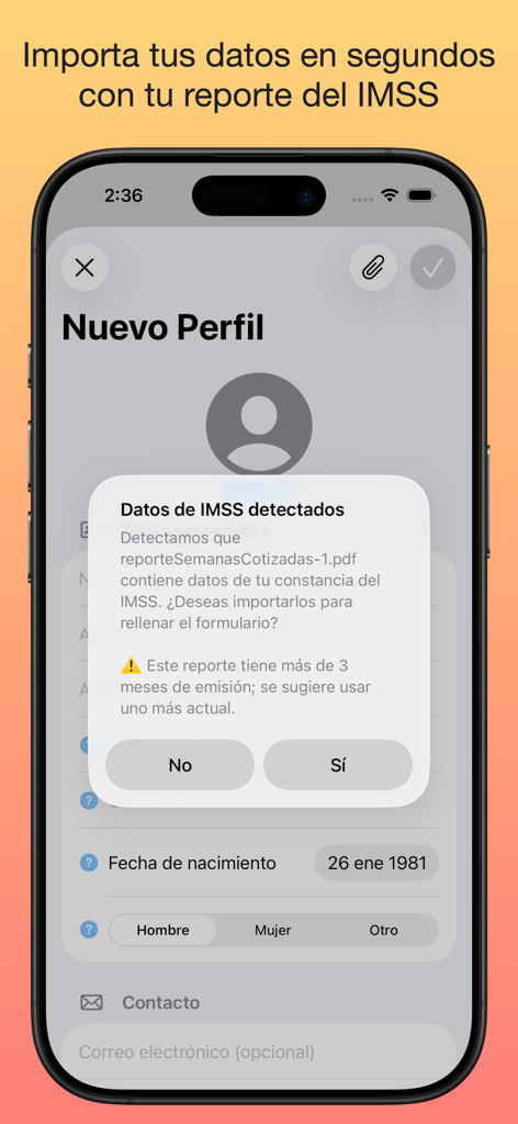 Importación automática de datos de pensión IMSS desde un reporte PDF en la app MiPensión.MX