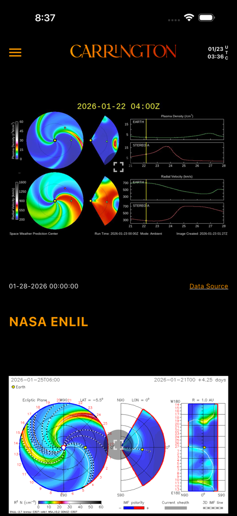 Carrington - Carrington app interface displaying NASA ENLIL solar wind prediction models and plasma density charts.