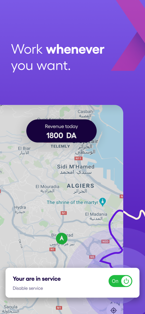 Interface de l'application Yassir Driver affichant une carte d'Alger et un interrupteur pour commencer à travailler comme chauffeur