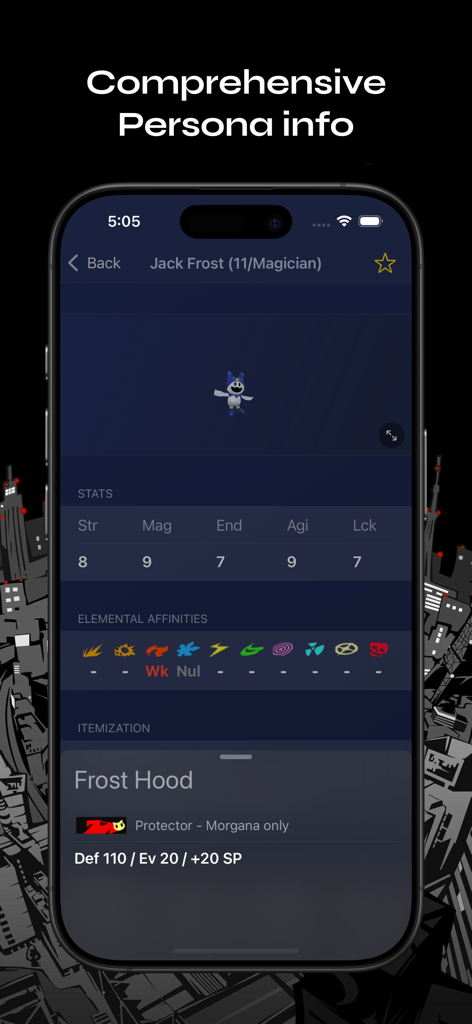 P5R Guide - A mobile app screenshot showing detailed stats and elemental affinities for the Persona Jack Frost in the P5R Guide app
