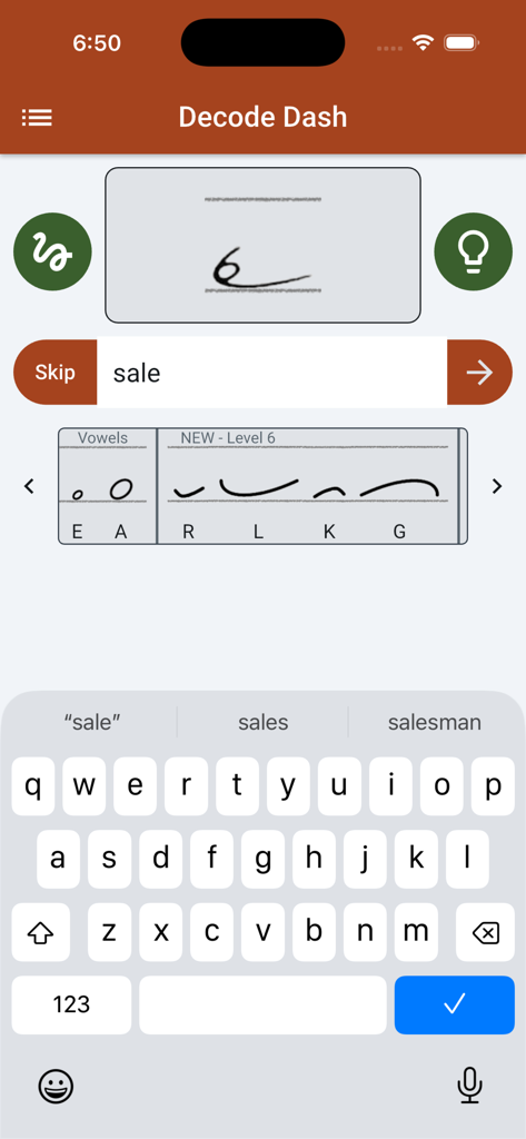 Shorthanded Gregg - Shorthanded Gregg app Decode Dash screen showing a shorthand symbol to translate with a reference key for Gregg shorthand vowels and consonants