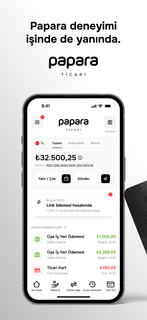 Papara Ticari - Papara Ticari mobile app dashboard showing business account balance and transaction history