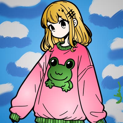 girl wearing frogging sweatshirt