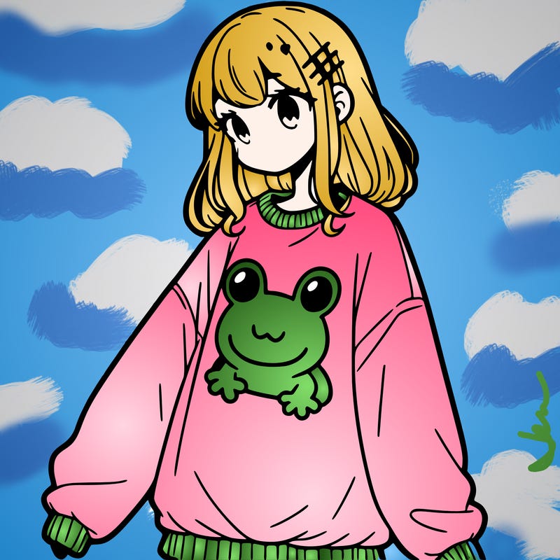 girl wearing frogging sweatshirt