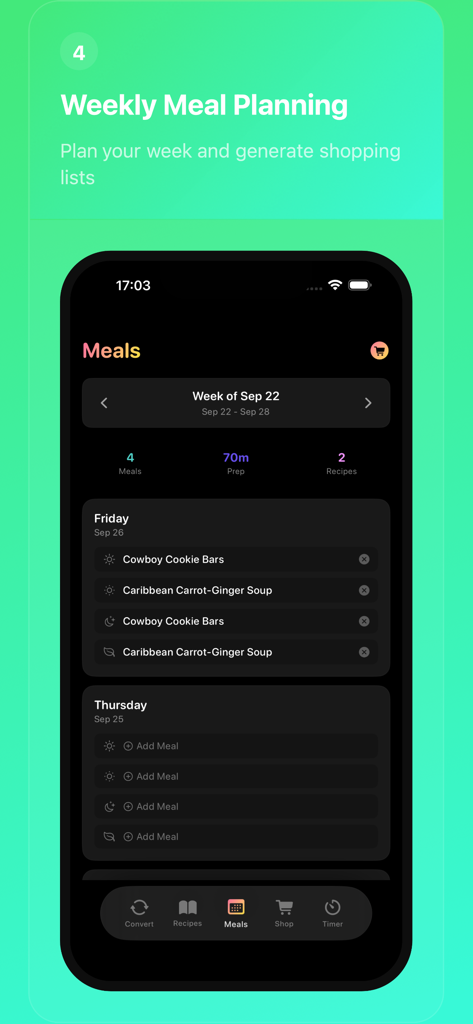Interfaz de planificación de comidas semanal de la aplicación Kitchen Converter que muestra recetas programadas como Cowboy Cookie Bars y Carrot-Ginger Soup en una vista de calendario.