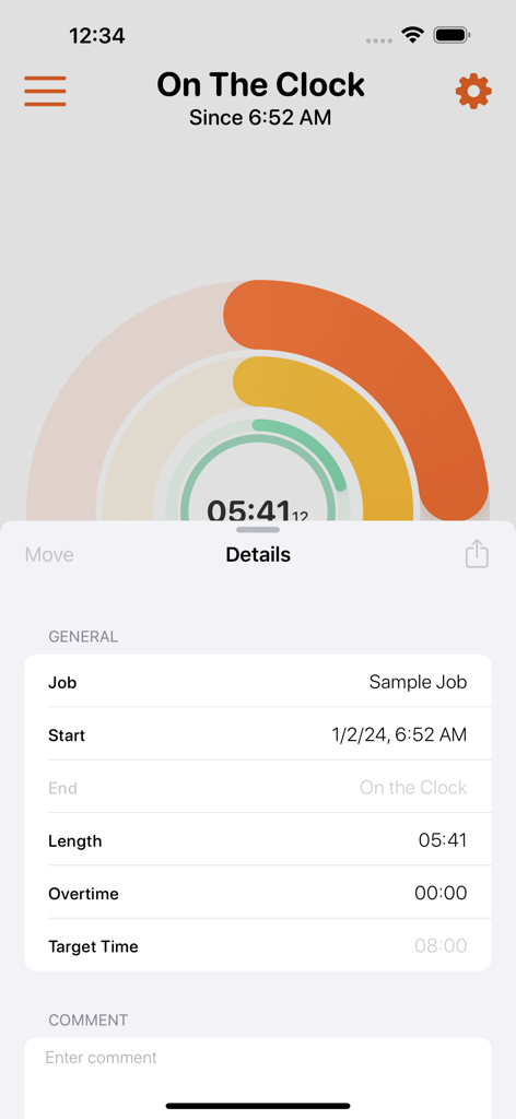 Interfaccia dell'app Time Arc che mostra un timer di lavoro e dettagli sulla durata del lavoro.
