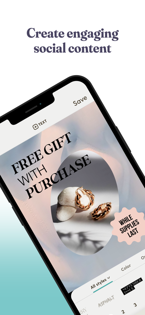 Écran de smartphone montrant l'application Word Swag créant une promotion pour les réseaux sociaux