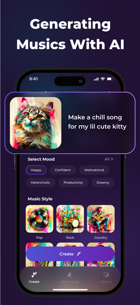 Soundful app screen for generating AI music by selecting mood and style