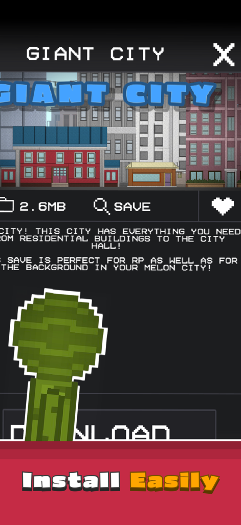 FruitMod: Melon Ragdoll Mods - Screenshot dell'app FruitMod che mostra una mod Giant City per Melon Playground con un pulsante di installazione facile