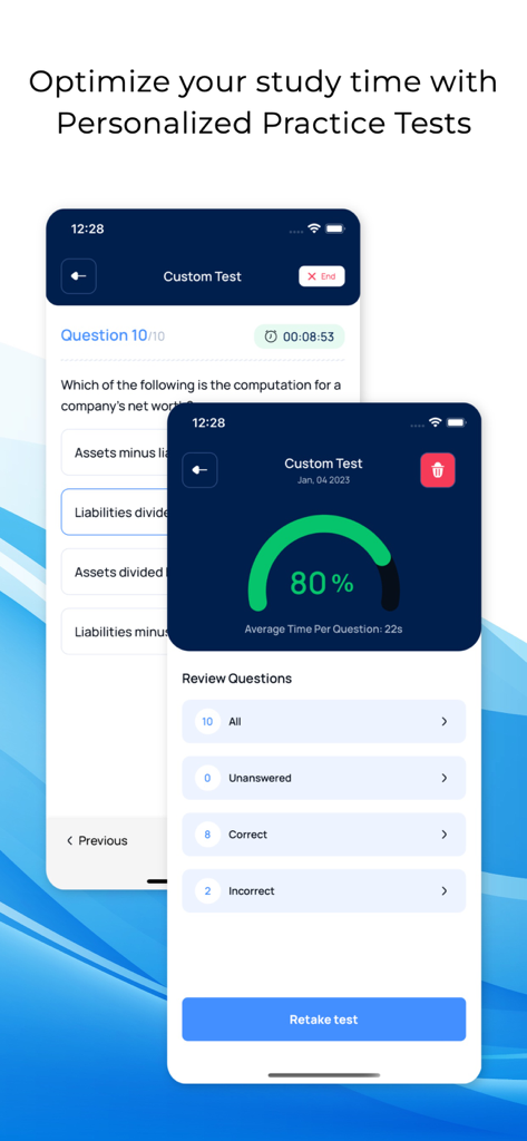 SIE, Series 6,7,63,65,66 Exam - A mobile app interface displaying a personalized practice test question and results with an eighty percent score for financial exams.