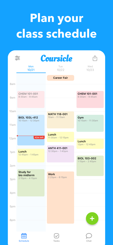 Coursicle - Weekly class schedule with color coded blocks for courses and tasks in the Coursicle app