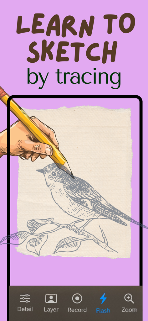 Trace Drawing - Una pantalla de teléfono móvil mostrando el boceto de un pájaro siendo calcado sobre papel con un lápiz