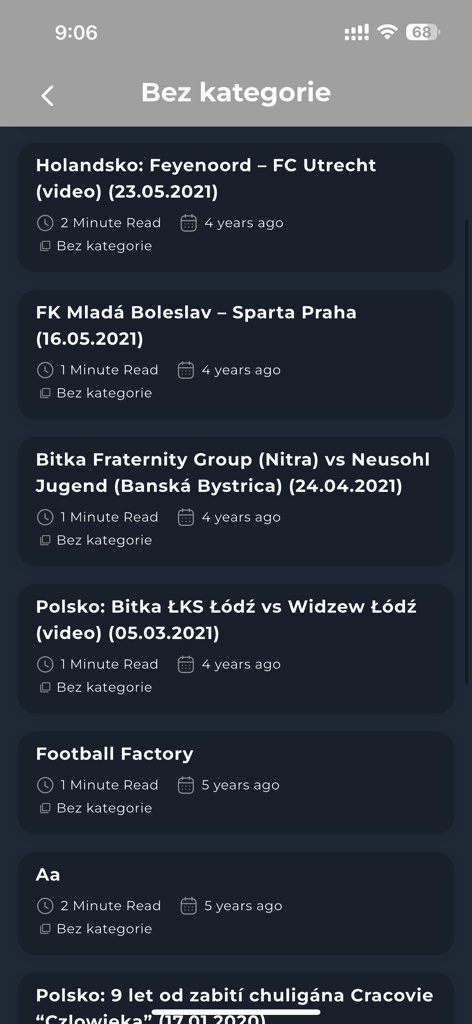 Hooligans.cz - Una lista de artículos de noticias e informes sobre la cultura de aficionados al fútbol internacional y partidos en la aplicación Hooligans.cz.