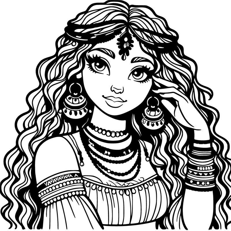 a realistic gypsy woman with long curly hair and jewelry on her