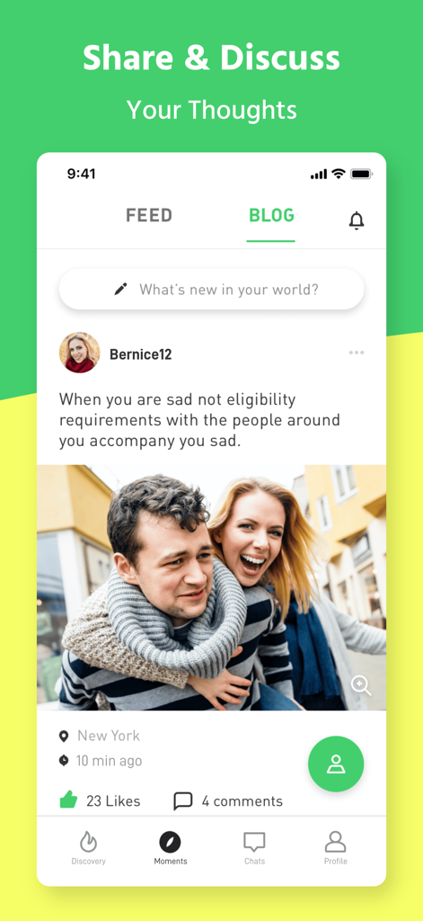Screenshot der MPWH-App, der einen Community-Blogbeitrag mit einem Foto eines Paares und Benutzerkommentaren zeigt