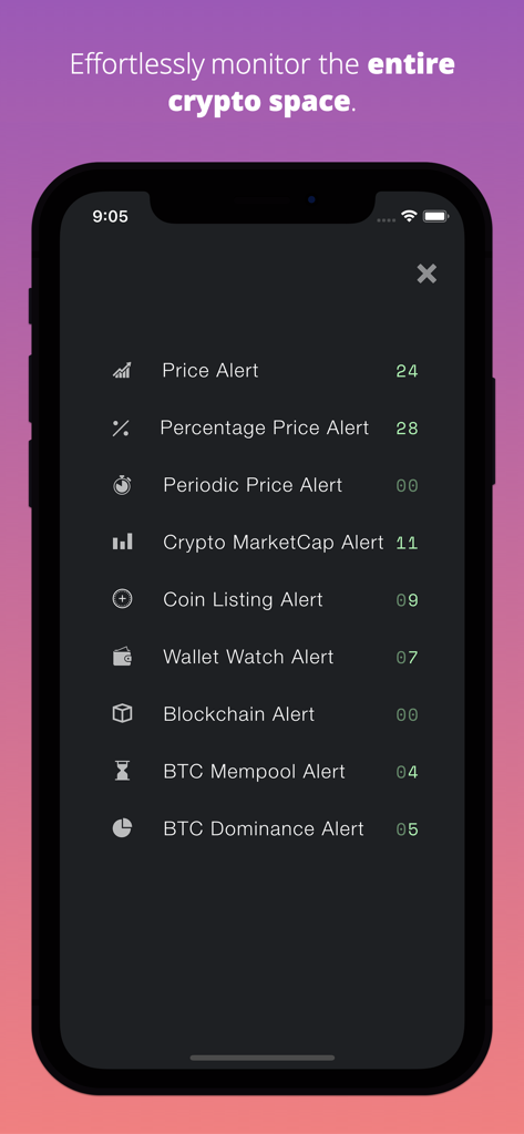 Cryptocurrency Alerting - Un smartphone mostrando la interfaz de la aplicación Cryptocurrency Alerting con varias categorías de alertas, incluyendo precios, billeteras, watch y métricas de blockchain.