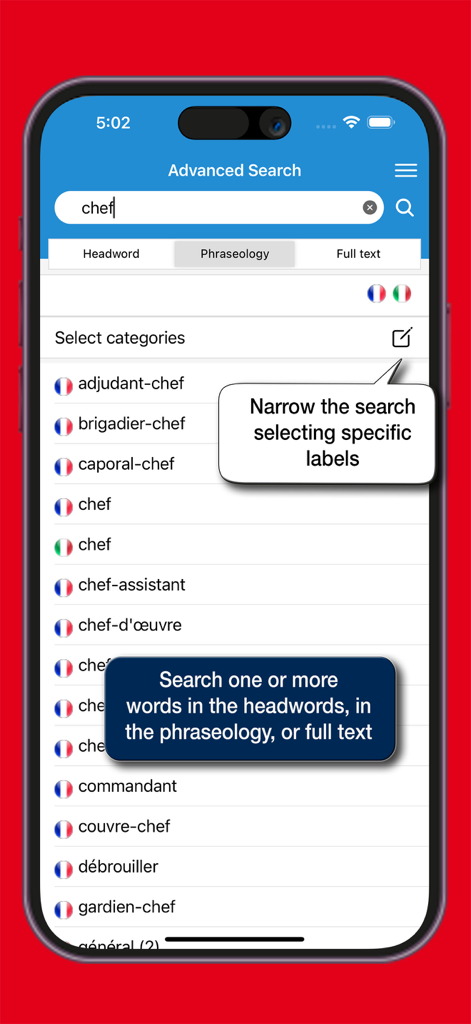 il Sansoni Francese - Advanced search interface of the il Sansoni Francese app showing results for phraseology with category filters