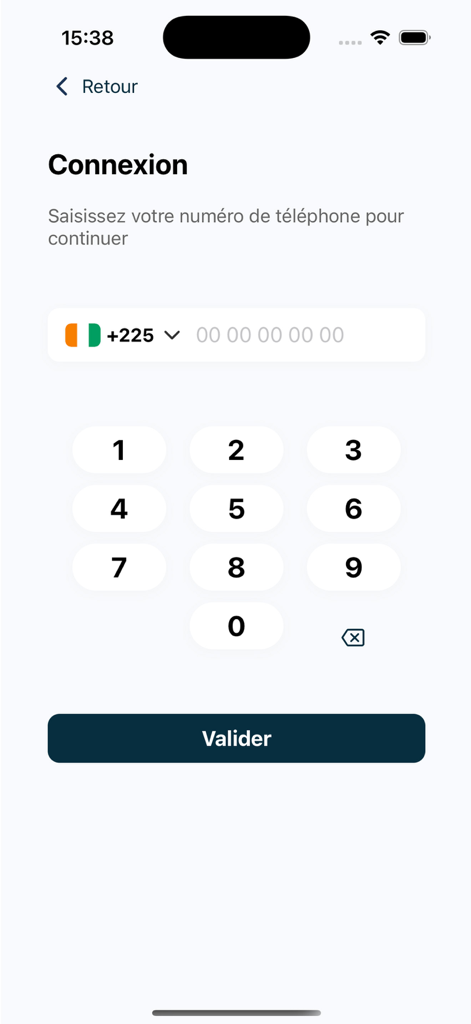 Fineo Pay - Login screen of Fineo Pay app showing phone number entry and numeric keypad