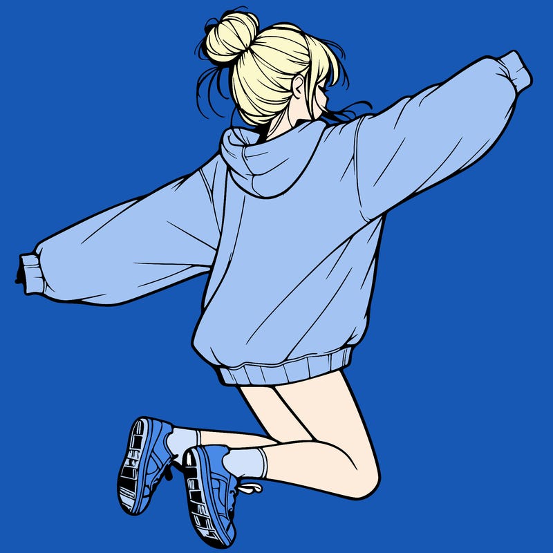 realistic girl jumping with a bun and oversized sweatshirt
