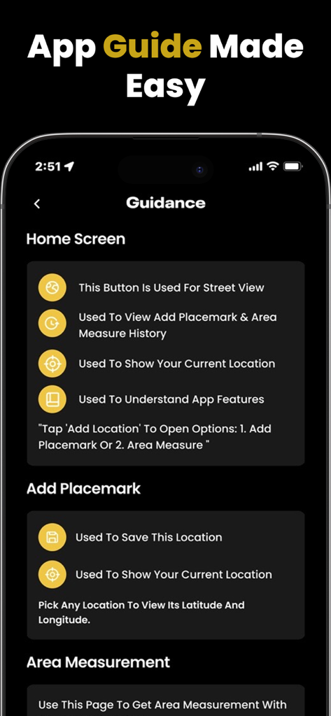 MAPAS: Live Street View - GPS - In-app guidance screen explaining navigation features and icon functions for street view and GPS.