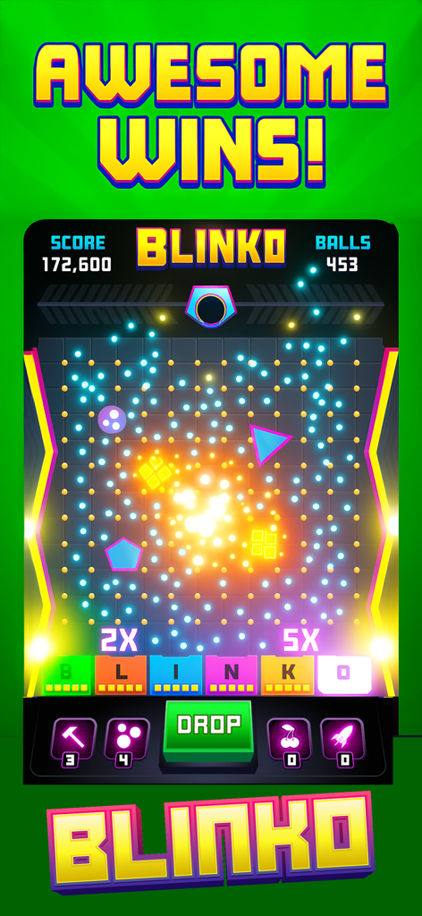 Blinko Cash - Real Money - Gameplay screenshot of Blinko Cash showing a pegged board with glowing balls and arcade elements