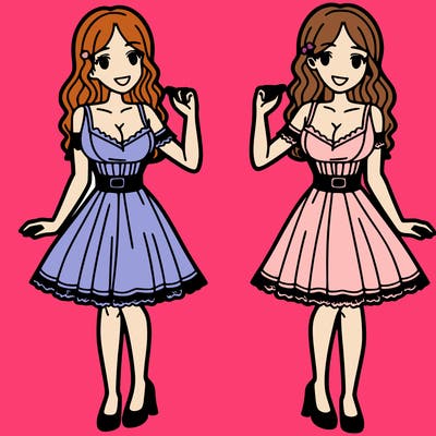 adult twins women wearing dresses