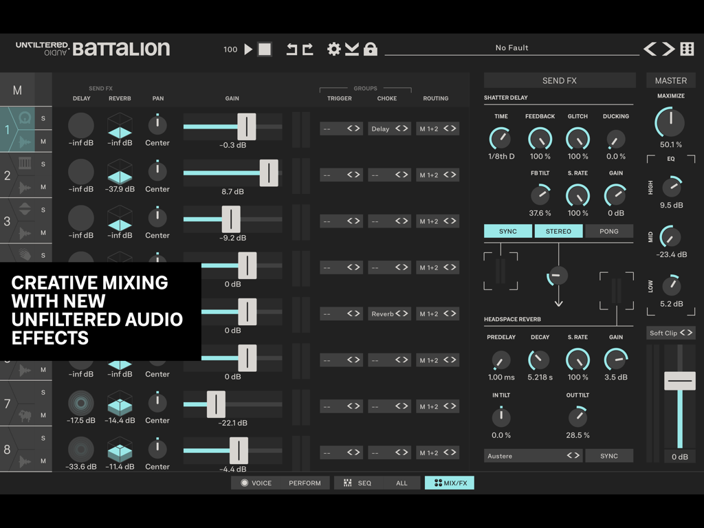 Interface of Battalion Drum Machine showing mixer channels and effects controls for Shatter Delay and Headspace Reverb.