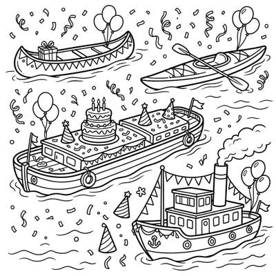 Celebrate a special day on the water with this festive coloring page featuring various river boats decked out for a birthday party. Enjoy bringing balloons, cakes, and confetti to life with your vibrant colors.