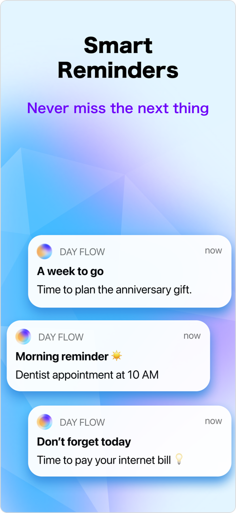 Day Flow: AI Daily Planner - Push notifications from Day Flow app showing smart reminders for anniversary gifts, dentist appointments, and bills